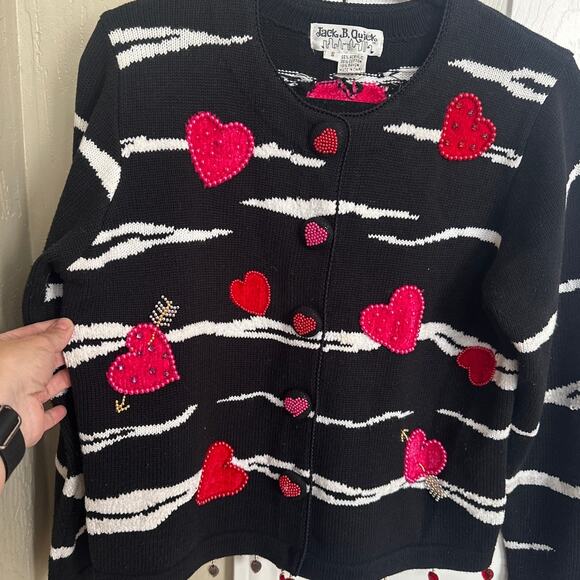 Jack B. Quick Valentine Heart Cardigan Sweater Embellished Knit Black White - Picture 2 of 7
